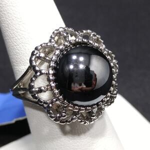 Whiting & Davis Faux Hematite, Rhodium Ring, US Size 7, Original Tags, 1970s